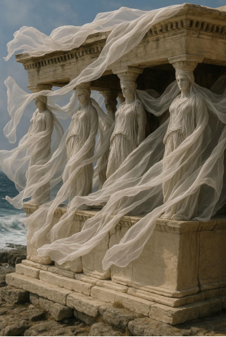 # caryatids تتدفق في الريح# يرتبط نمط النحت ارتباطًا وثيقًا بالفن اليوناني القديم